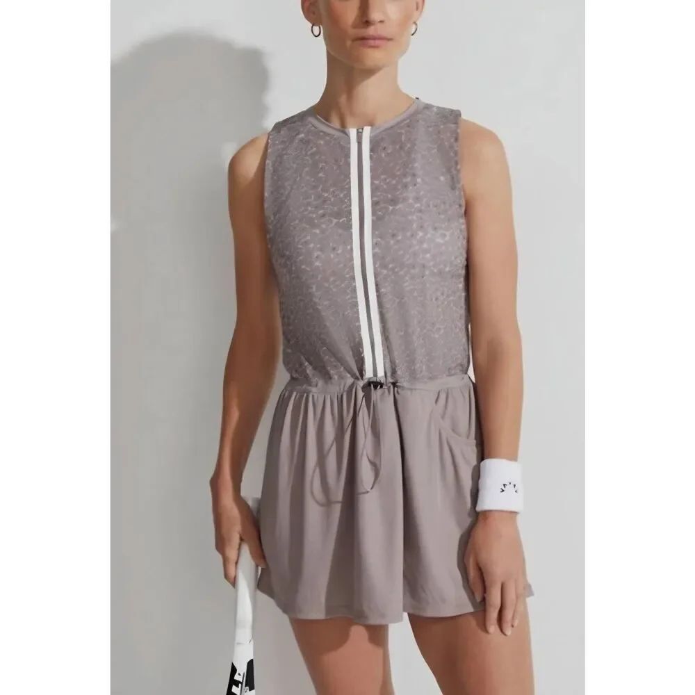 Varley Lagoda Athletic Tennis Dress in Taupe Cheetah Zip Up sz Medium Medium